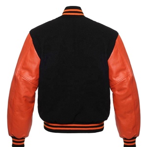 Unisex Custom Varsity <b>Jacket</b> with Stand Collar Patchwork Design Durable Stitching Wool Blend Body & Sleeves in Bold Orange - Product Image 2