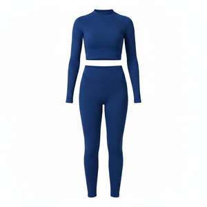 Seamless Ribbed Nylon 2-Piece Yoga Set <b>Mock</b> <b>Neck</b> Long Sleeve Crop <b>Top</b> & High Waist Tummy Control Sublimation Printed Leggings - Product Image 6