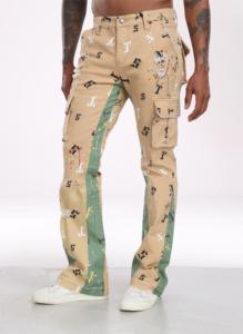 Pantalon cargo imprimé streetwear pour homme, motif lettres, denim évasé, coupe droite, poids moyen, style été - Product Image 5