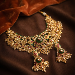 Traditional Ethnic Gold Plated Alloy Green <b>Ruby</b> Choker <b>Necklace</b> Set with Matching Earrings for Women Wedding Party Wear Jewelry - Product Image 4