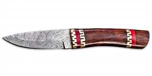 Couteau de camping à lame fixe en acier Damas artisanal avec manche en bois de burl et entretoises en laiton ajouré style château - Product Image 2