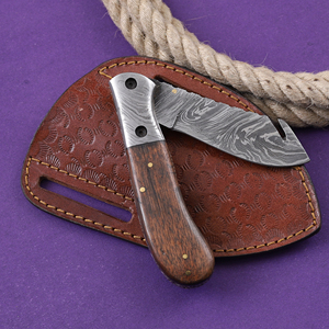 Couteau pliant en acier Damas, lame à dépecer, manche en bois de rose, étui en cuir, couteau de poche EDC pour la chasse et le camping, personnalisable OEM/ODM - Product Image 5