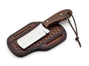 Couteau utilitaire compact à lame droite en acier à haute teneur en carbone, fabriqué à la main, manche en bois de noyer, étui en cuir estampé - Product Image 1