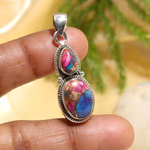 Colgantes de Plata 925 con Gemas de Turquesa Rosa Ostra en Engaste Ovalado y Forma de Pera, Colgantes de Gemas de Calidad Rara - Product Image 1
