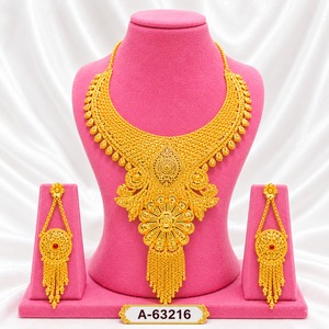 Dubai Style Gold Jewelry Set – Long Layered Necklace, Earrings & <b>Ring</b> for Bridal Wear A-63220 - Product Image 6