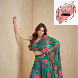 เสื้อครอปท็อปผ้าไหมชีนอนสีเขียวใบไม้ พร้อมกางเกงปาลาซโซ่ผ้าไหมชีนอนพิมพ์ลายดิจิทัลงานดีไซเนอร์อย่างดี พร้อมงานปักและงานฝีมือ ชุดครอป - Product Image 1