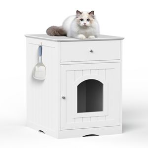 White Wooden Cat Litter <b>Box</b> Enclosure with Drawer Side Table Indoor Pet <b>Crate</b> Nightstand for Pet's Home - Product Image 5