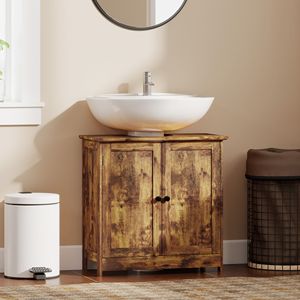 Mobile Bagno Rustico Marrone in Legno Massello con 2 Ante e Ripiano Regolabile, Installazione a Pavimento - Product Image 2