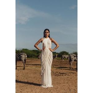 Vestido Maxi Elegante Hecho a Mano con Cuello Halter, Plisado, Sin Mangas, Estilo Tubo, Formal, Blanco, Ajustado, con Cintura Imperio, Tejido, Estilo Sólido, para Verano - Product Image 1