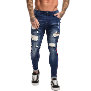 Men's Lightweight Breathable Distressed Ripped Skinny High <b>Waist</b> Blue Cotton Casual <b>Jeans</b> - Product Image 1