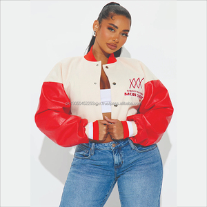 Haute Qualité Rouge Dames Letterman Crop Varsity Vestes Nouvelle Broderie En Gros Élégante pour Automne Hiver Uni Teint - Product Image 2