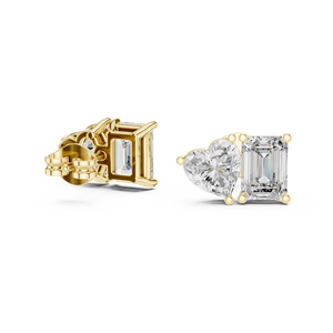 Boucles d'oreilles clous en or 14K 18K avec diamant de laboratoire taille émeraude Toi et Moi, DEF VVS, certifiées IGI, avec accent latéral en forme de cœur, pour mariée, vente en gros - Product Image 4