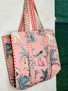 Jungle Print Tote <b>Bag</b> | Quilted Cotton Shoulder Tote <b>Bag</b> | Handmade Peach Safari Animal Print <b>Bag</b> | Large Space Tote Travel <b>Bag</b> - Product Image 1