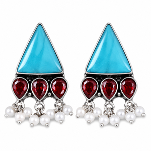 Bulk <b>Oxidized</b> Silver Boho Tribal Lovers Bohemia Triangle Drop Earrings with Red Pear Crystal Pearl Drops for Women Manufacturer - Product Image 1