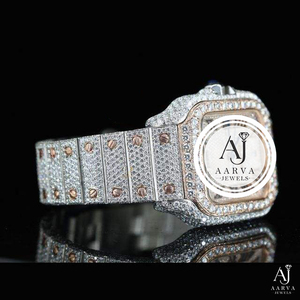 Montre mécanique de luxe pour homme Aarva Jewels, boîtier en or rose, cadran analogique, date, entièrement sertie de pierres, style hip-hop, 41 mm, verre minéral - Product Image 4