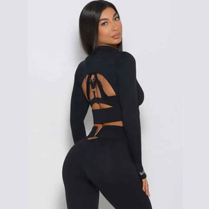 2 Piece Yoga Set <b>Turtleneck</b> Long Sleeve Crop <b>Top</b> High Waisted Shorts Cut-Out Design Spandex Polyester Seamless Workout Outfit - Product Image 3
