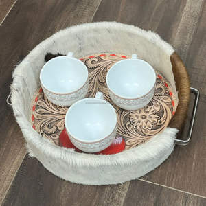 Premium Hand Tooled Floral & Apple Motif Design Rustic Serving Tray Western Cowhide Leather Round Farmhouse Storage Organizer - Product Image 4