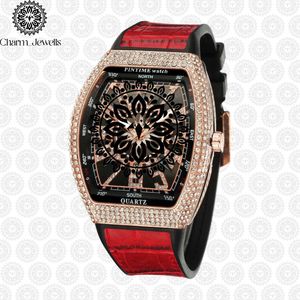 PINTIME Luxury Tonneau Quartz <b>Watch</b> Rose Gold Case Red Leather Band <b>Compass</b> Dial Analog Unisex - Product Image 1