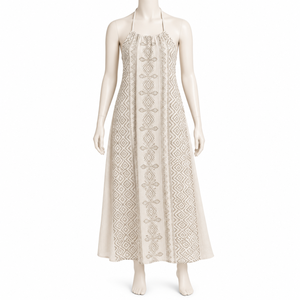 Robe longue moderne à imprimé géométrique ivoire avec bretelles spaghetti |   Robe d'été en coton bohème pour les vacances à la plage - Product Image 1