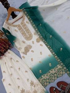 Ensemble de costume trois pièces en georgette bicolore de créateur avec haut brodé, palazzo orné de paillettes et magnifique dupatta pour femme, style ethnique - Product Image 6