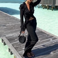 Ensemble de survêtement élégant à volants de qualité, unique, formel pour femme, en maille noire et en mousseline, robe pour femme, col en V profond