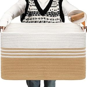 Customised Handwoven Storage <b>Baskets</b> <b>Large</b> Blanket <b>Basket</b> Living Room with Leather Handles, <b>Baskets</b> for Organizing - Product Image 1