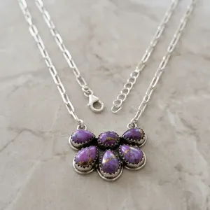 Purple <b>Copper</b> Turquoise Stone Flower Pendant Necklace 925 Sterling Silver Bohemia Style Link <b>Chain</b> Women's Everyday Wear - Product Image 3