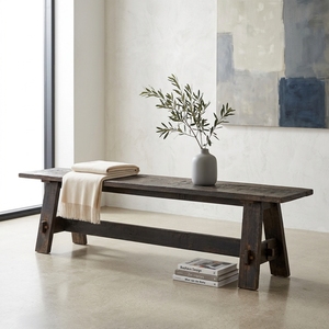 Banco largo Mykonosh de madera premium, minimalista, de madera maciza oscura recuperada, para cocina, comedor, asientos, banco de madera natural rústica. - Product Image 3