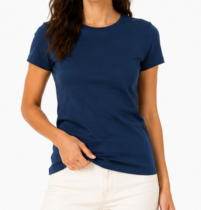 T-shirt court à col rond bleu marine pour femme, coupe ajustée, manches courtes, 100% coton, vêtement décontracté, tissu jersey respirant - Product Image 1