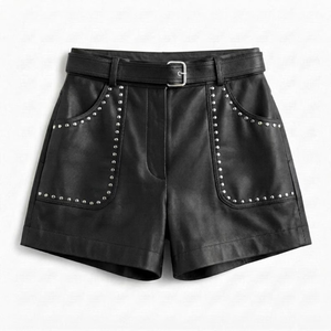 High Waist Black <b>studded</b> Leather Shorts With Rivet Details Moto Biker Style <b>Belt</b> Closure Regular Fit Women's Shorts - Product Image 2