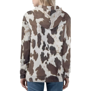 Sweat-shirts à capuche pour femmes en polyester polaire de haute qualité, à motif animalier en cuir de vache marron, avec fermeture éclair, chauds et coupe décontractée, vente en gros - Product Image 2