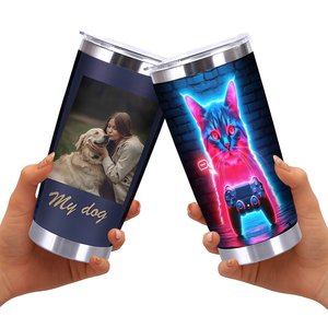 Stainless Steel Tumbler 20oz Vacuum <b>Insulated</b> Portable Leakproof Travel <b>Mug</b> With Neon Cat Gaming Design - Product Image 2