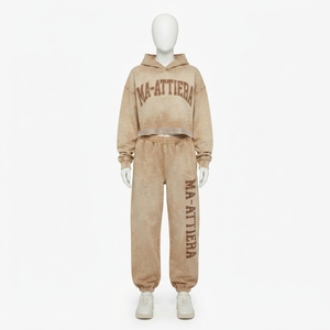 Custom <b>Women</b> Acid Wash <b>Beige</b> Cropped Hoodie Jogger Set Cotton Fleece Streetwear <b>Tracksuit</b> OEM Wholesale - Product Image 4