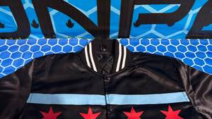 Blouson bomber formel d'hiver imperméable et respirant en satin noir avec motif du drapeau de Chicago, unisexe - Product Image 5