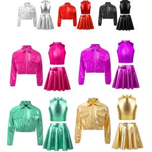 Conjunto de 3 piezas para niñas de 6 a 16 años: Chaqueta metálica, top corto de cuello alto y falda acampanada para venta al por mayor, ideal para baile de salón. - Product Image 1