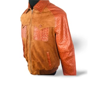 Veste en cuir de vachette marron pour homme, cuir de qualité supérieure embossé d'autruche, col rabattu, fermeture éclair, double boutonnage, poches - Product Image 5