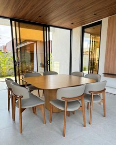 Ensemble de table à manger contemporaine en teck avec fauteuils rembourrés, mobilier de luxe pour villa, restaurant, salle de réunion - Product Image 1
