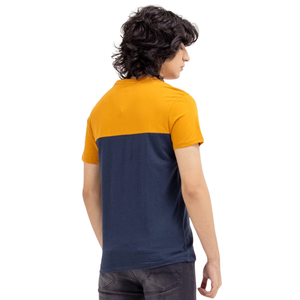 Camiseta de algodón para hombre, color mostaza y azul marino, con bloques de color, cuello redondo, manga corta, informal, atlética, para entrenamiento, fitness, uso diario, verano - Product Image 2
