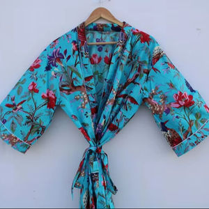 Bata Kimono con Estampado de Dibujos Animados para Mujer, de Algodón Suave y Transpirable, Camisón de Verano Hecho a Mano, ODM, Cuello en V, Cintura Elástica, Largo hasta la Rodilla - Product Image 1