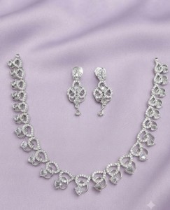Artistic Curved Link Necklace American Diamond Jewelry <b>Set</b> With Pear Drop Motif & Matching Dangle Earrings For Special Occasions - Product Image 6