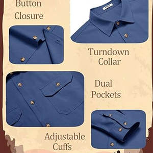 เสื้อเชิ้ตคาวบอยสไตล์ตะวันตกสำหรับผู้ชาย แข็งแรง ทนทาน แท้ๆ แขนยาว ผ้าฝ้าย 100% ติดกระดุม  แบบคลาสสิก มีกระเป๋าที่คอเสื้อและกระเป๋าที่อก - Product Image 6