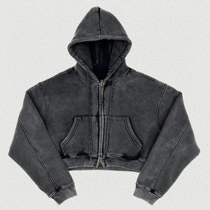 Sudaderas con capucha de mujer con logotipo frontal de invierno con capucha recortada y cremallera lavada desgastada - Product Image 1