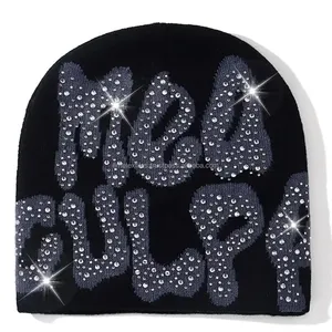 Luxury Handmade Rhinestone Cross Knit 100% <b>Wool</b> <b>Beanie</b> for Unisex Warm Winter Designer Fashion Streetwear <b>Hat</b> - Product Image 6