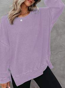 Sweat-shirt à col rond en tricot surdimensionné pour femme, manches longues, asymétrique, uni violet, pull décontracté d'automne - Product Image 3