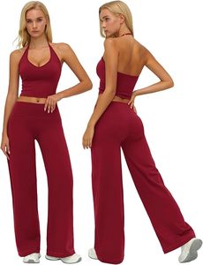 <b>Women</b> Solid Color Halter Crop <b>Top</b> Wide Leg High Waist Full Length Yoga Pants Activewear Set Spandex Knitted Four-Way Stretch - Product Image 3