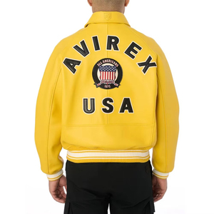 เสื้อแจ็คเก็ตบอมเบอร์สีเหลืองสำหรับผู้ชายยี่ห้อ Avirex ทำจากหนัง PU พร้อมป้ายปักลาย ปิดด้วยซิปด้านหน้า ปกเสื้อแบบพับได้ สไตล์ลำลอง ผลิตตามสั่ง - Product Image 2