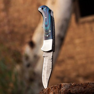 UA Supplies Damascus Steel Clip Point Folding Knife Blue Wood Handle 0.5in Thick 6.5 Overall Length EDC Utility Tactical OEM - Product Image 1
