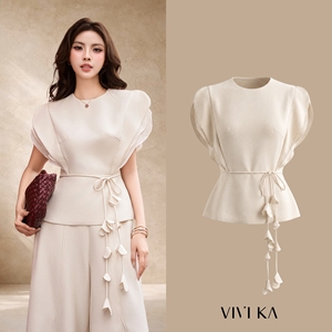 Blusa Elegante de Mujer con Cuello Redondo y Manga Corta, con Cinturón de Borlas y Peplum, Color Sólido, Corte Regular, para Todas las Temporadas, ODM OEM - Product Image 1