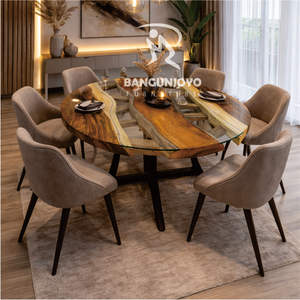 Mesa de Comedor Redonda de Madera Suar con Cubierta de Vidrio Templado, 6 Sillas, Construcción de Madera Sólida, Diseño Contemporáneo para Uso Doméstico y Comercial - Product Image 2
