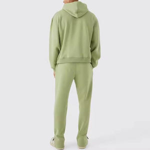 Ensemble sweat à capuche et jogging pour homme, couleur unie, polaire, coupe oversize, décontracté, pour l'automne, vert clair, deux pièces - Product Image 2